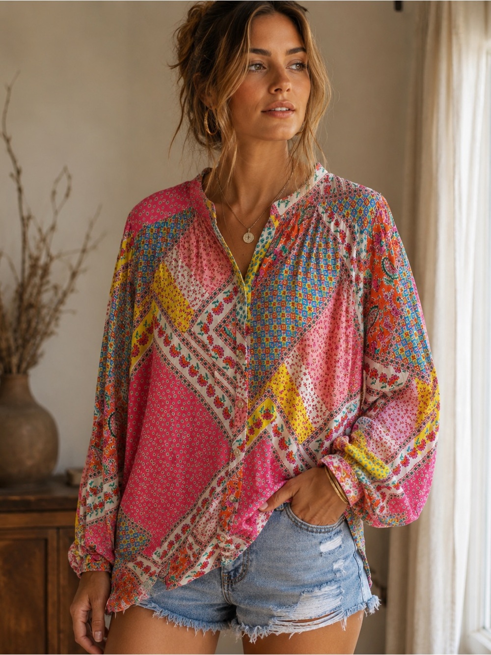 Boho Patchwork Pink V-Neck Tunic Top